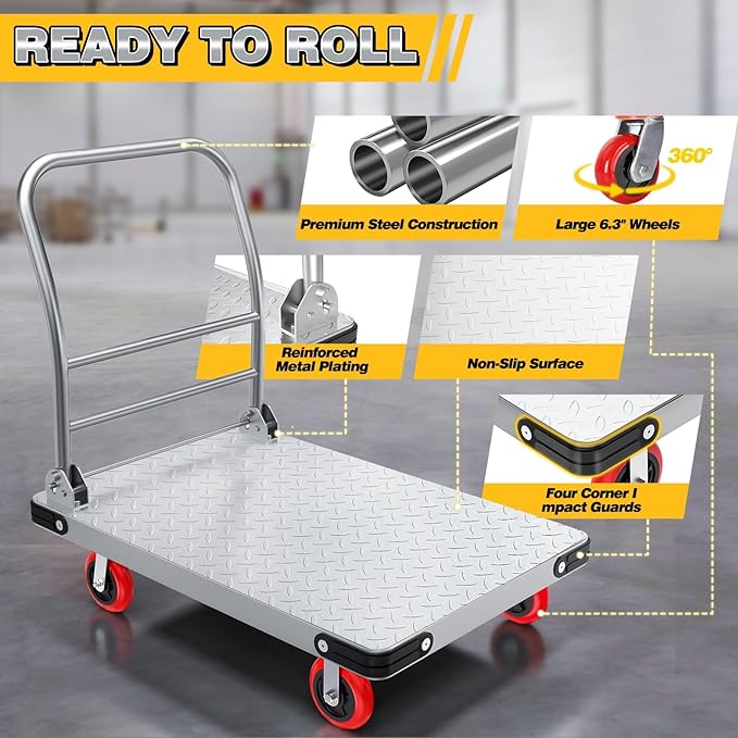 Heavy Duty Foldable Platform Truck - 2700LB Capacity Steel Push Cart, 40"x24" Oversized Flatbed with 5" Swivel & Fixed Wheels, Industrial Hand Truck for Warehouse Moving