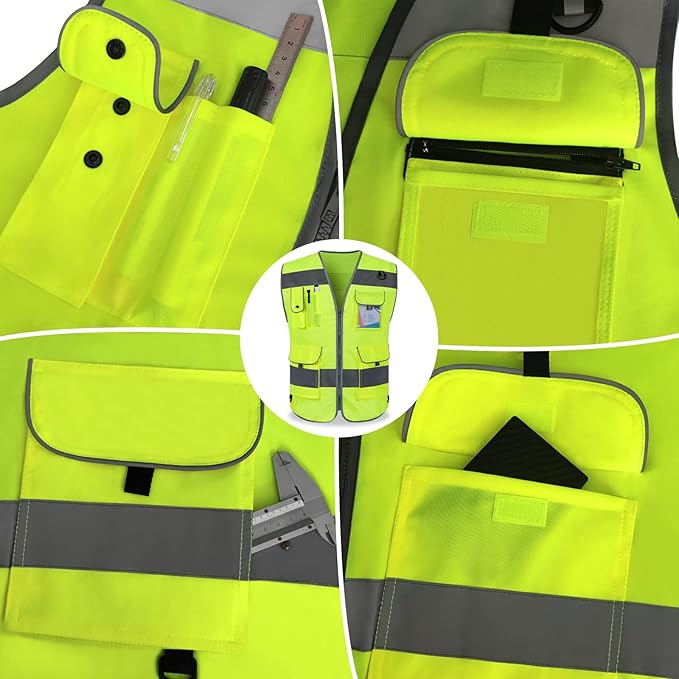 TCCFCCT High Visibility Safety Vest for Men Women 9 Pockets Hi Vis Reflective Vest for Safety, Work Vest with Reflective Strips, Meets ANSI/ISEA Standards, (Yellow, 5X-Large)