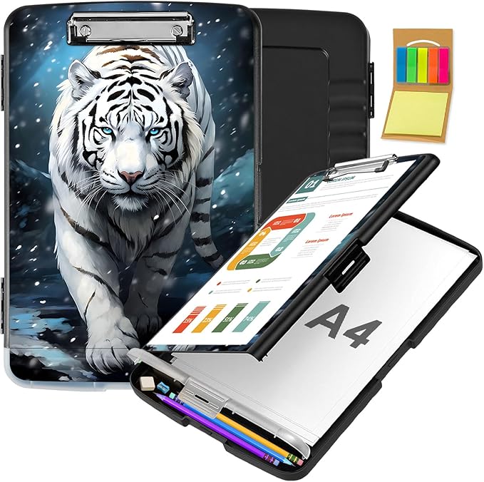 Clipboard with Storage,Office Supplies Nursing Clipboards Folder with Pen Holder Plastic Storage ClipBoard Foldable for Teacher Nurse,White Tiger