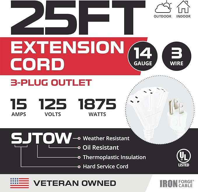 Iron Forge Cable 25ft White Outdoor Extension Cord with 3 Outlets - 14/3 SJTOW Oirl Resistant 15 Amp 25ft Extension Cord 3 Prong - Multiple Outlets with Lighted End