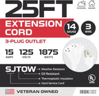 Iron Forge Cable 25ft White Outdoor Extension Cord with 3 Outlets - 14/3 SJTOW Oirl Resistant 15 Amp 25ft Extension Cord 3 Prong - Multiple Outlets with Lighted End