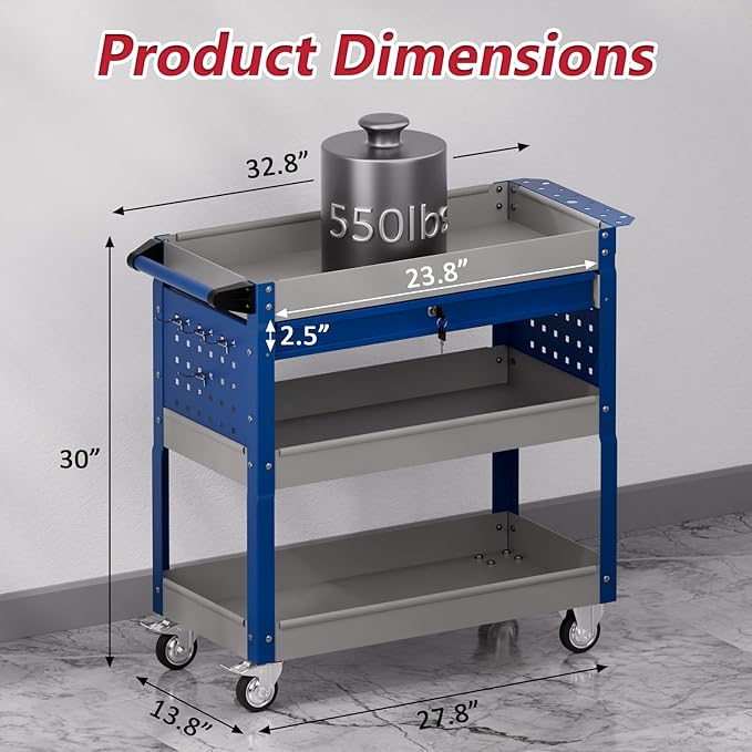 3 Tier Rolling Tool Cart on Wheels, Heavy Duty Industrial Utility Cart Service Cart with Drawer and Screwdriver Rack Pegboard, 550 LBS Mobile Tool Storage Organizer for Workshop, Garage(Gray-Blue)