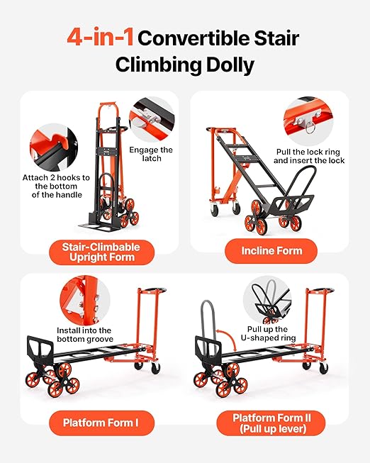 VEVOR 3 in 1 Industrial Convertible Stair Climbing Cart, 770 lbs Max Load, Folding Hand Truck Dolly with Handle & Wheels, Stair Climbing Utility Trolley for Transport & Moving, Orange & Silver