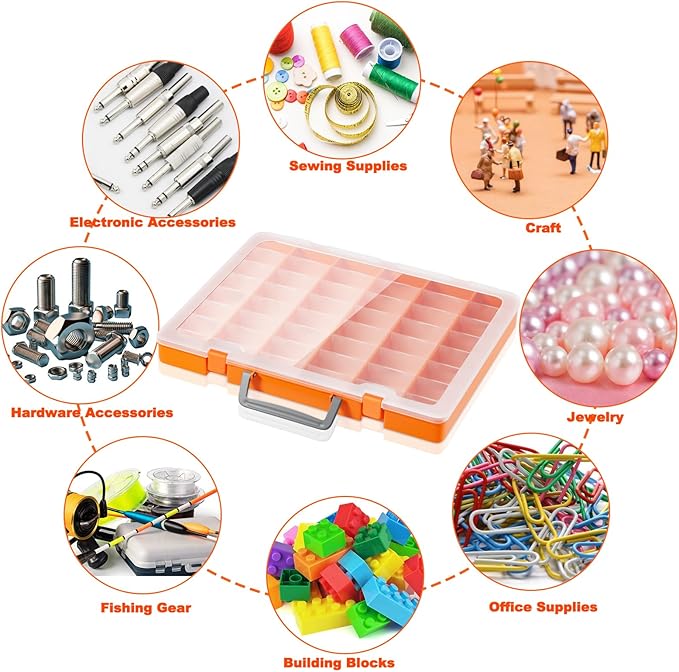 48 Grids Large Plastic Organizer Box with Adjustable Dividers, Beads Storage Containers Compartment Tackle Box Case for Crafts Hobby Small Parts Fishing Seeds Jewelry (Orange)