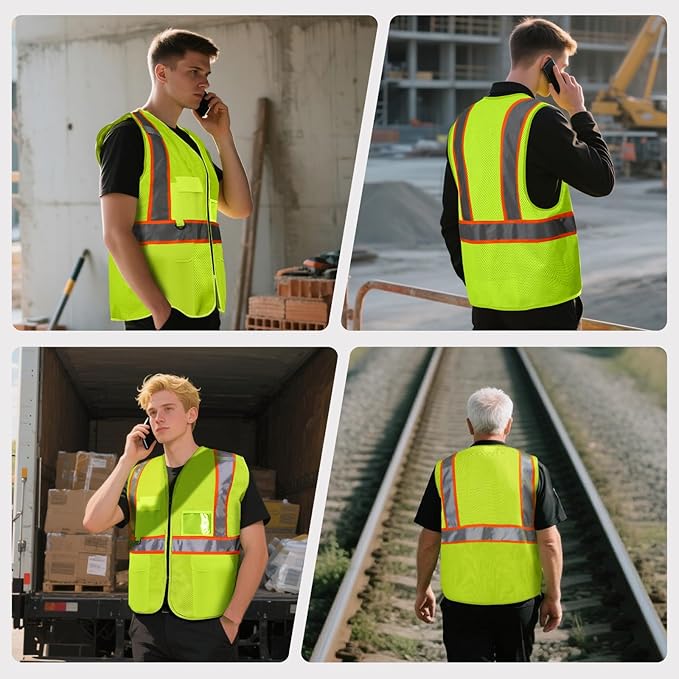 Safety Vest Customize Logo with 5 Pockets & Zipper Reflective High Visibility Vest Class 2 Outdoor Workwear