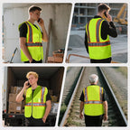 Safety Vest Customize Logo with 5 Pockets & Zipper Reflective High Visibility Vest Class 2 Outdoor Workwear