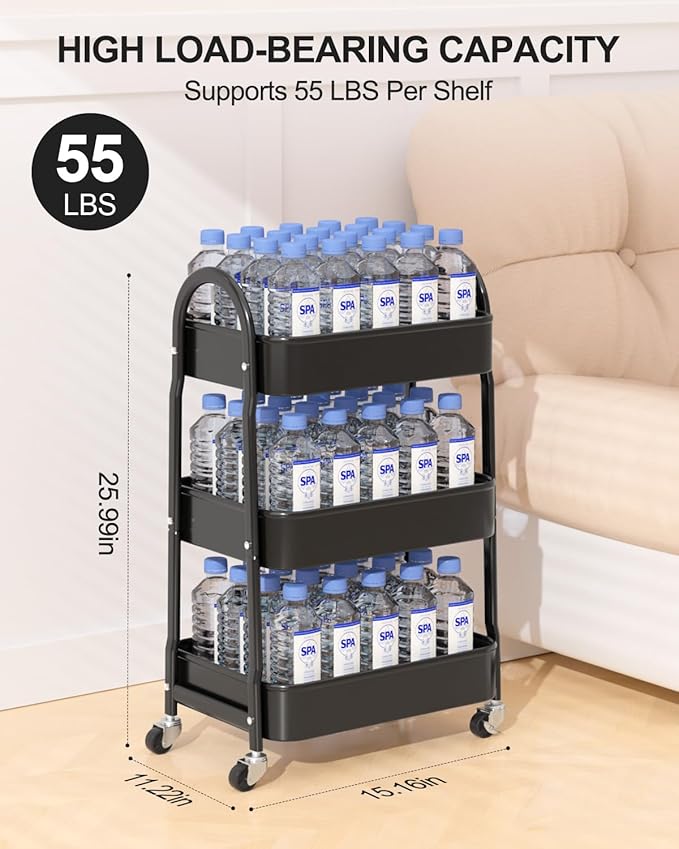EAGMAK 3 Tier Rolling Cart Under Desk, Metal Storage Cart with Handle and Lockable Wheels, Multifunctional Storage Organizer Trolley with Mesh Baskets for Kitchen, Living Room, Office, Garage (Black)