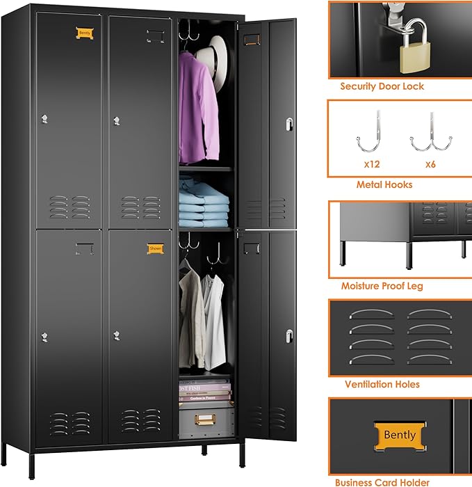 6 Doors Metal Locker for Employees with 18 Hooks,Metal Locker with Business Card Holder forOffice Gym Home,Assembly Required,Black