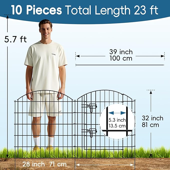 Metal Garden Fence 32 in H x 28 in W 10 Panels (9 Panels + 1 Gate) Total Length 23 ft, No Need Dig Rustproof Animal Barrier Fencing Border Fence for Dog, Patio,Yard, Landscape, Flower Bed