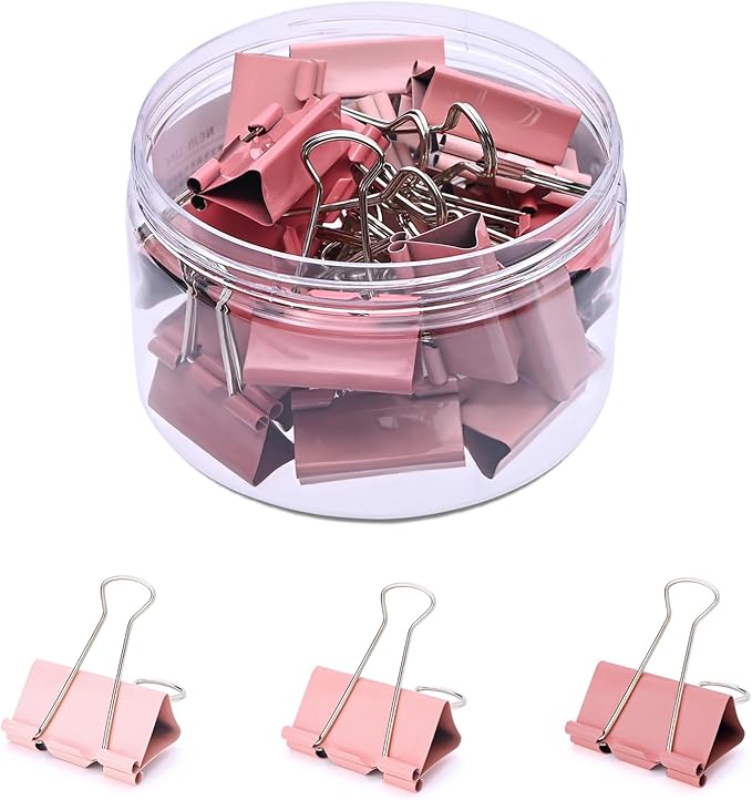 Temiary Aesthetic Binder Clips, 24 Pcs 1.26 Inches Small Metal Binder Clip with Clear Storage Container, Binding Paperwork Clamps for School Teachers Office Supplies (Pink)