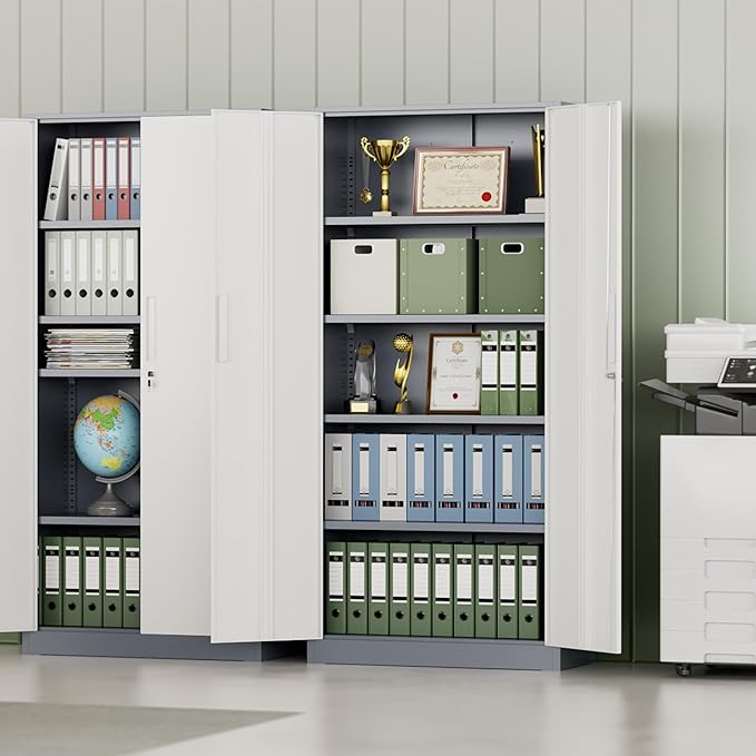 INTERGREAT Metal Storage Cabinet with Lock, 61" H Metal Cabinets Storage with 2 Doors and 4 Adjustable Shelves, Locking Garage Cabinet for Home Office, Kitchen, Bathroom (White Grey)