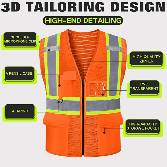 Safety Vest Customize Logo with 5 Pockets & Zipper Reflective High Visibility Vest Class 2 Outdoor Workwear