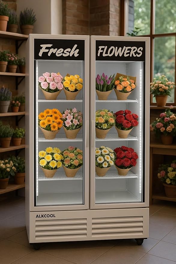 Commercial Flower Refrigerator Floral Display Cooler,White 2 Glass Doors Fridge With LED Light Adjustable Shelves,ETLSanitation Approval,40" Wide, Adjustable Shelves & Wheels Included