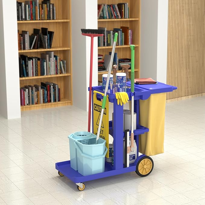Nisorpa Commercial Janitorial Cart, 3-Shelf Housekeeping Cart, High Capacity Cleaning Cart, Utility Clean Trolley with Wheels and 25 Gallon Vinyl Bag 44.5", for Business/School/Office Cleaning