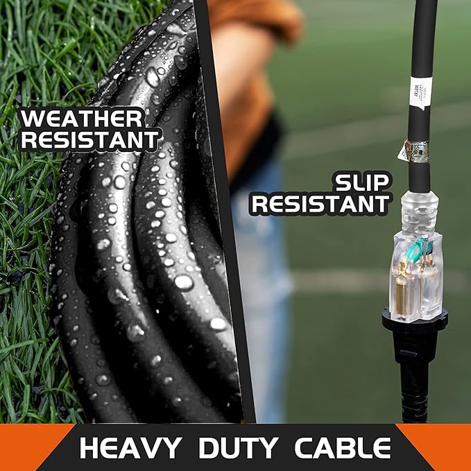 3-Outlets Indoor Outdoor Extension Cord Weatherproof with Lighted End, UL Listed, 10 Gauge 20FT Black 3 Prong Heavy Duty, 10/3 SJTW 15A Power Cord
