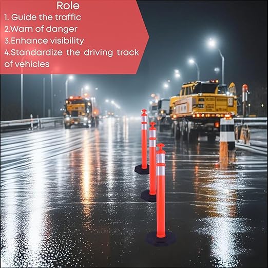 Reflective Rubber Base Traffic Delineator Post - Heavy-Duty Safety Bollards for Parking Lot Markers, Road Construction, Driveway Warning - with Reflective Strips (3 Pack - 45 Inch)