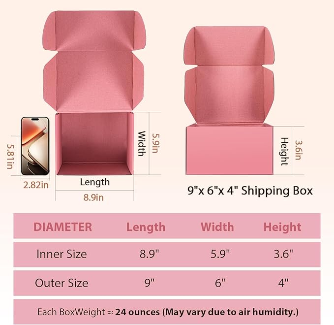 9x6x4 inches Shipping Boxes Set of 25, Small Corrugated Cardboard Box, Literature Mailer, Gift Boxes (Pink, 9x6x4)