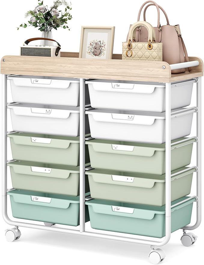 10 Drawers Rolling Cart with Wooden Tabletop, Utility Storage Cart with Wheels, Art Supply Craft Organizer on Wheel with Metal Frame & Handles for Home Office School,Green