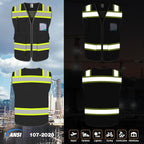 TCCFCCT Reflective Vest 5 Pockets Mesh Safety Vest with Reinforced Zipper, High Visibility Surveyor Work Vest for Men Women with Fluorescent Orange Edge, Durable to Use, Meets ANSI/ISEA,DW-Black, 4XL