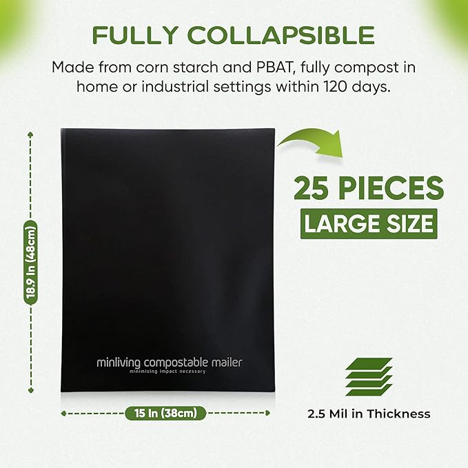 100% Compostable Biodegradable Mailers | Reusable Poly Bags | Zero-Waste Double-Seal Extra Thick | Shipping Envelopes Pouches | Certified Green Packaging - Size 14.9" x 19"