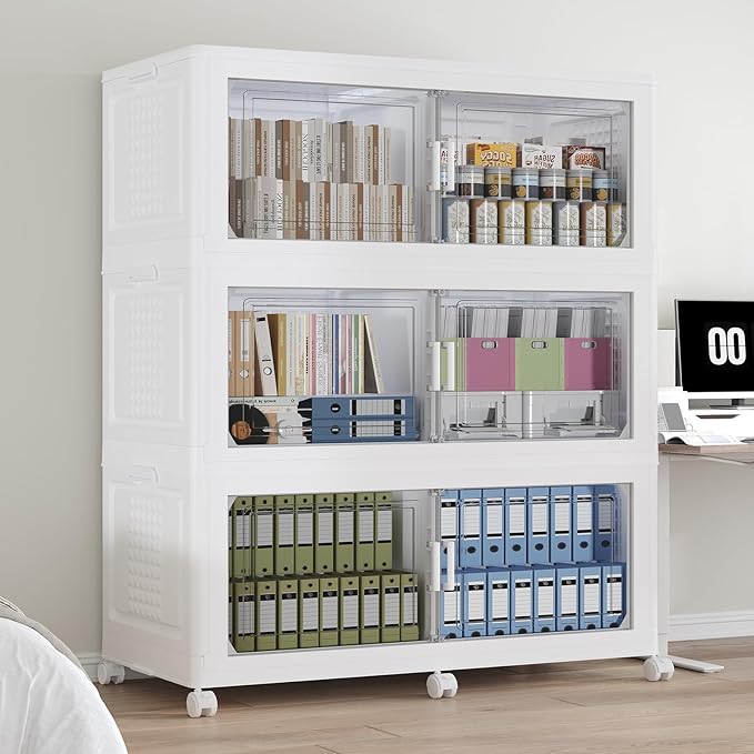150GAL Storage Bins with Lid and Wheels, Stackable Closet Organizers and Storage Drawer, Collapsible Storages Box with Dividers, Foldable Plastic Cabinet for Room, Kitchen, 3 Pack White
