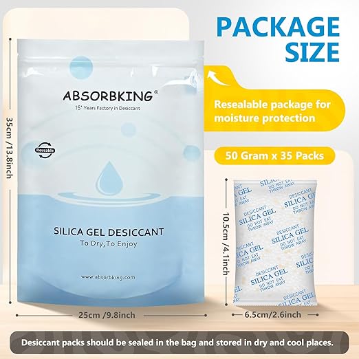 Silica Gel Packets – 50 Gram 35 Packs Desiccant Packs, Moisture Absorbers for Food Storage with Color Indicating, Food Grade Silica Packets for Foods, Seeds, 3D Filaments, Electronics, Safes