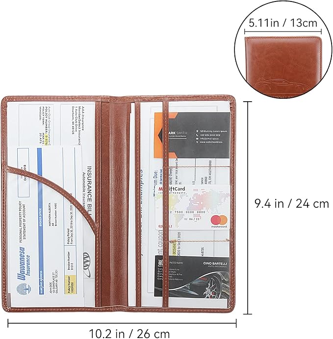 Car Registration and Insurance Holder, Premium Pu Leather Vehicle Glove Box Organizer - for Driver License, Cards & Essential Documents (L-Brown)