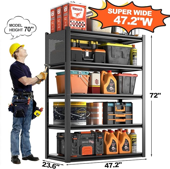 Metal Garage Shelving Unit with Pegboard, Heavy Duty 5-Tier Adjustable Industrial Storage Shelves, 5000 LBS Steel Storage Rack for Garage, Warehouse, Basement, 72"H x 47.2"W x 23.6"D, Black