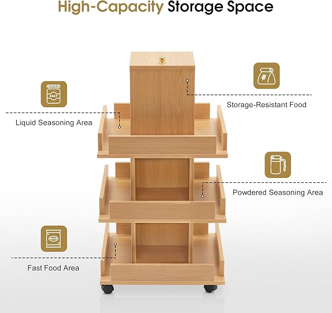 BarberPub Multi-Functional Kitchen Trolley with Lockable Wheels, 3-Tier Tool Storage Organizer, Mobile Cart for Kitchen, Craft Room, Living Room, Office 2038 (Oak)