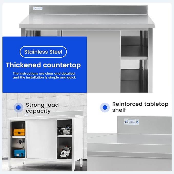 Hally Stainless Steel Cabinet, 30" x 48" NSF Commercial Heavy Duty Prep Workbench with Backsplash and Two Sliding Doors, Large Storage Cabinet, Metal Table for Kitchen, Restaurant, Garage