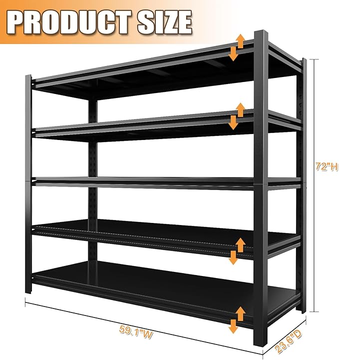 59''W/72''H Garage Shelving Units Heavy Duty 3500LBS Metal Storage Shelves Adjustable Steel Industrial Shelving 5 Tier Storage Shelf Rack for Basement, Warehouse