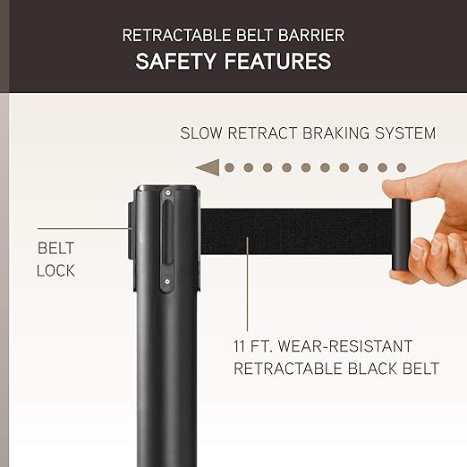 Qbuster Black Stanchions with Retractable Belts, Crowd Control Safety Barrier with 11’ Black Belts, 1 Sign Holder, Set of 4 Posts