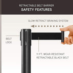 Qbuster Black Stanchions with Retractable Belts, Crowd Control Safety Barrier with 11’ Black Belts, 1 Sign Holder, Set of 4 Posts