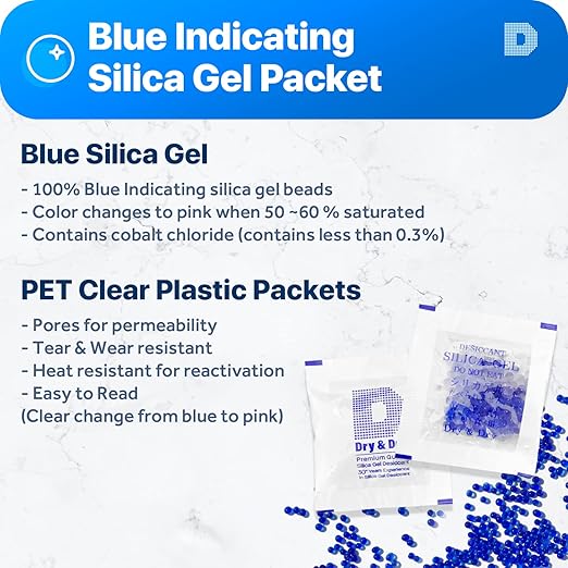 Dry & Dry 1 Gram [100 Packets] Blue Indicating(Blue to Pink) Silica Gel Packets Desiccants Silica Gel Packets - Rechargeable Silica Packets, Silica Gel, Silica Gel Packs