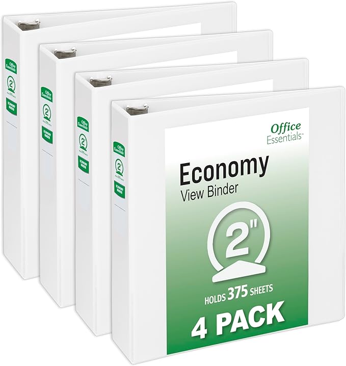 Office Essentials Economy View 3 Ring Binders, 2" Round Rings, 2.8" Spine, 375-Sheet Capacity, White Binders (4-Pack of 03146)