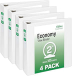 Office Essentials Economy View 3 Ring Binders, 2" Round Rings, 2.8" Spine, 375-Sheet Capacity, White Binders (4-Pack of 03146)