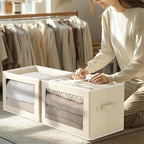 Storage Cubes with Lids - 5 Pack Foldable Clear Window Storage Bins, Large Decorative Storage Bins with Handles, Storage Containers for Clothes, Towel, Blanket, Sheet, Beige