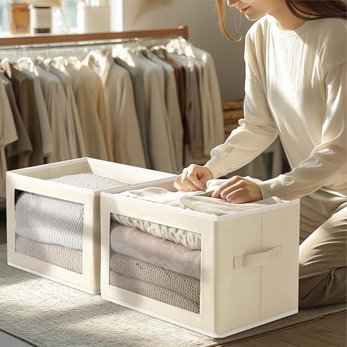 Storage Boxes with Lids - 4 Pack Fabric Clear Window Storage Bins, Large Decorative Storage Bins with Handles, Linen Closet Organizer for Clothes, Towel, Blanket, Beige