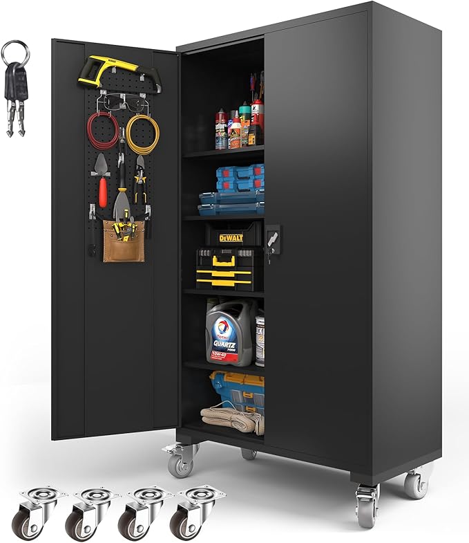 Upgraded Wide Metal Storage Cabinet - 72 Inch Black Lockable Garage Cabinet with Wheels & 4 Adjustable Shelves | Heavy-Duty Steel Cabinet for Garage, Office, Pantry, Gym