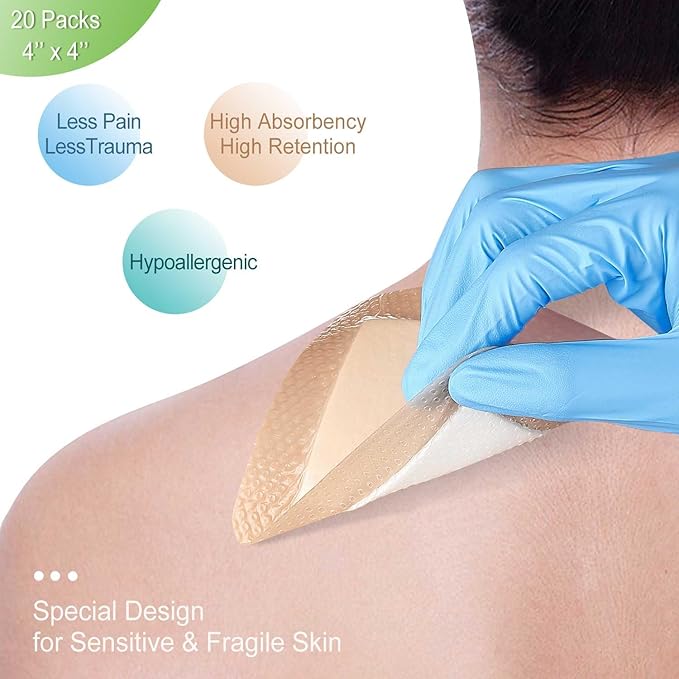 NeuHeils Silicone Super Absorbent Wound Dressing 4''x4'' 20 Packs, Self-Adhesive Waterproof Bandage with Ultrasorb Pad for Heavy Exudates Wound, Soft Gauze Island Dressing