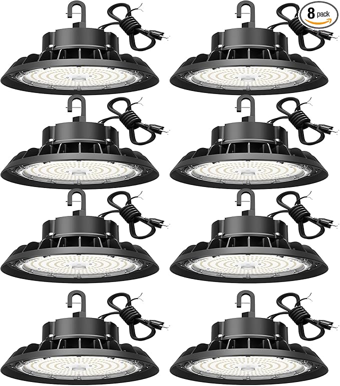 UFO LED High Bay Light 100W 8Pack, High Bay LED Shop Lights 14,000LM Dimmable, 6' Cable with US Plug, Hanging Hook, Safe Rope, High Bay LED Light for Warehouse Factory Barn Shop