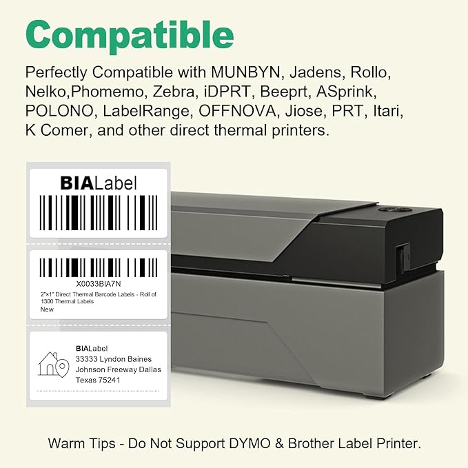 12 Rolls 2" X 1" Thermal Labels, 1300/Roll - Direct Thermal Labels Compatible with Zebra & Rollo Printers, BIAlabel