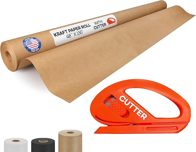 Brown Kraft Paper Roll 48" x 1800" (150 feet) with Cutter - USA-Made Quality Paper 50lb Thickness for Wrapping, Packing, Moving, Shipping, & Crafts/Arts - Natural Kraft Material by IDL Packaging