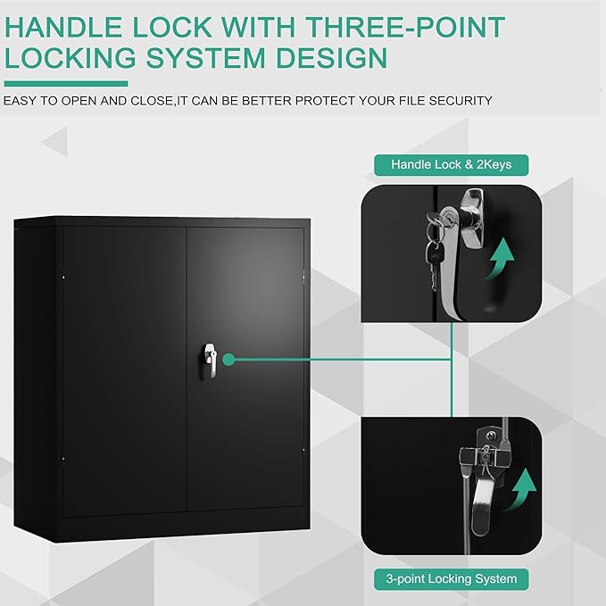 Locking Garage Storage Cabinet with Door, Black Metal Wall Cabinet with Shelves, Small File Cabinet for Home, Office, School, 41.6''H× 36 ''W ×18''D, Assembly Required