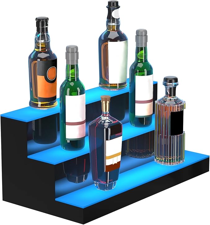 VEVOR LED Lighted Liquor Bottle Display, 3 Tiers 24 Inches, Supports USB, Illuminated Home Bar Shelf with RF Remote & App Control 7 Static Colors 1-4 H Timing, Acrylic Lighted Shelf for 18 Bottles