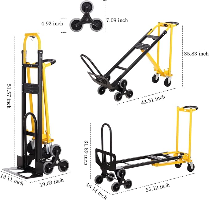 3-in-1 Industrial Convertible Hand Truck Dolly Cart,1000 lbs Capacity Aluminum Dolly Hand Truck with Stair Climber Wheels,Hand Trucks Heavy Duty for Warehouse Moving(Black Yellow)
