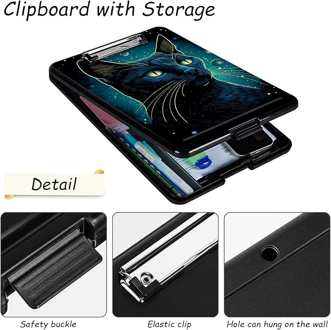 Clipboard with Storage, High Capacity Plastic Storage Clipboard with Pen Holder for Women Teachers Work, School & Office Supplies, Cute Pattern Decorative Clipboards, Planet Cat
