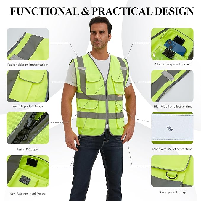 SIFE Reflective Safety Vest High Visibility Vest With 7 Pockets And YKK Zipper, ANSI/ISEA Class 2 Standard, Made With 3M Reflective Tape(03YG-Yellow,L)