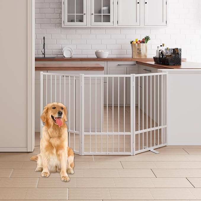 3 Panels Full Metal Freestanding Dog Gates, 60” W x 32” H Folding Pet Gate Fence with Support Feet for Indoor,Stairs, Hallways and Doorways(White)