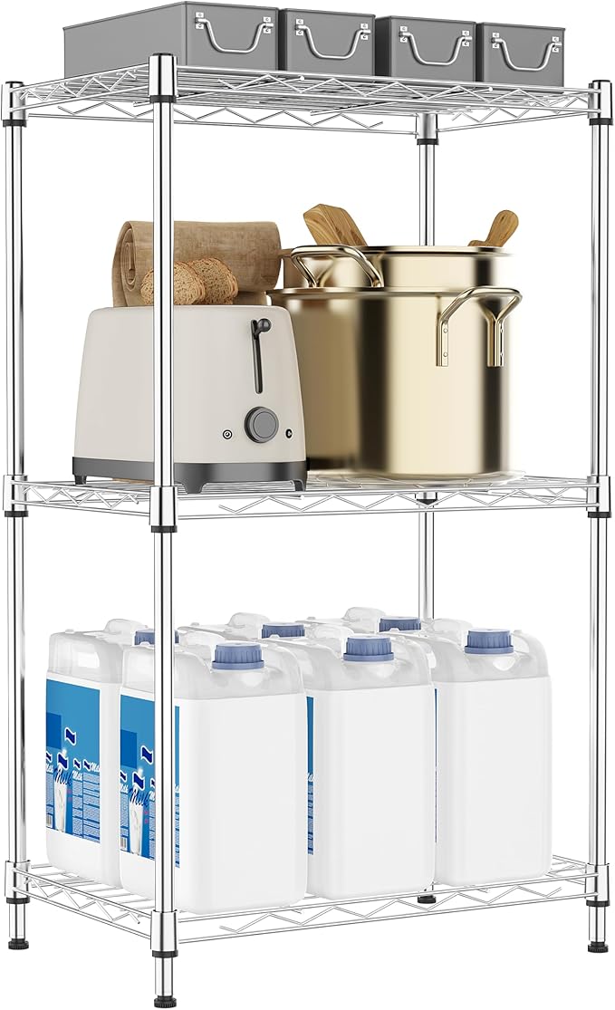 M MZG 3-Tier Metal Wire Shelving Rack with Wheels – Chrome 11.8"D x 17.7"W x 28.8"H